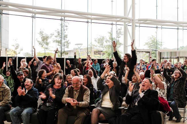 Local communities celebrate the council's unanimous decision to reject an application for a new opencast coal mine, in Nant Llesg, near Merthyr Tydfil in south Wales, Caerphilly County Council, 5 August 2015