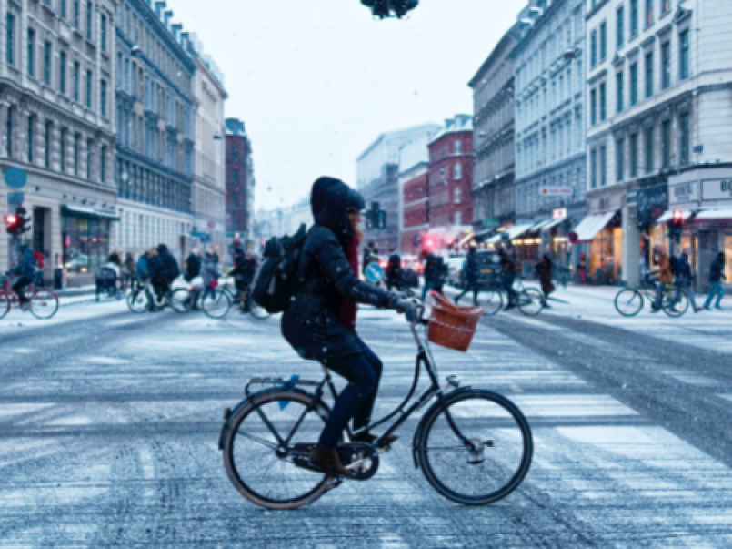People cycling in the middle of a city with no cars