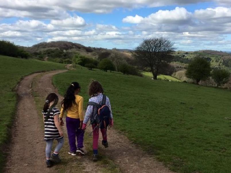 Three little girls holding hands, walking in the countryside