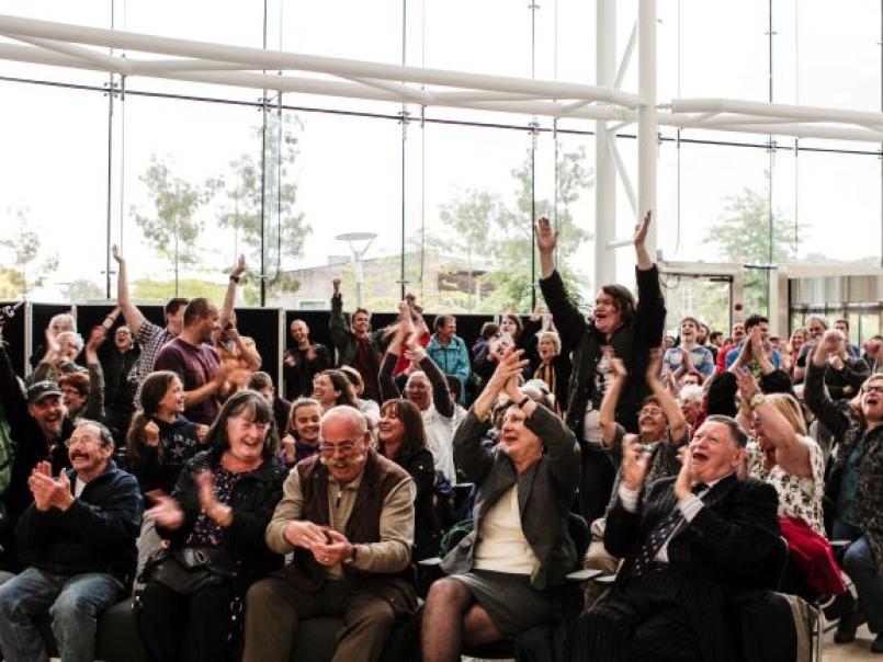 L​ocal communities celebrate the council's unanimous decision to reject an application for a new opencast coal mine, in Nant Llesg, near Merthyr Tydfil in south Wales, Caerphilly