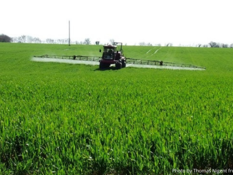 Field being sprayed by a machine