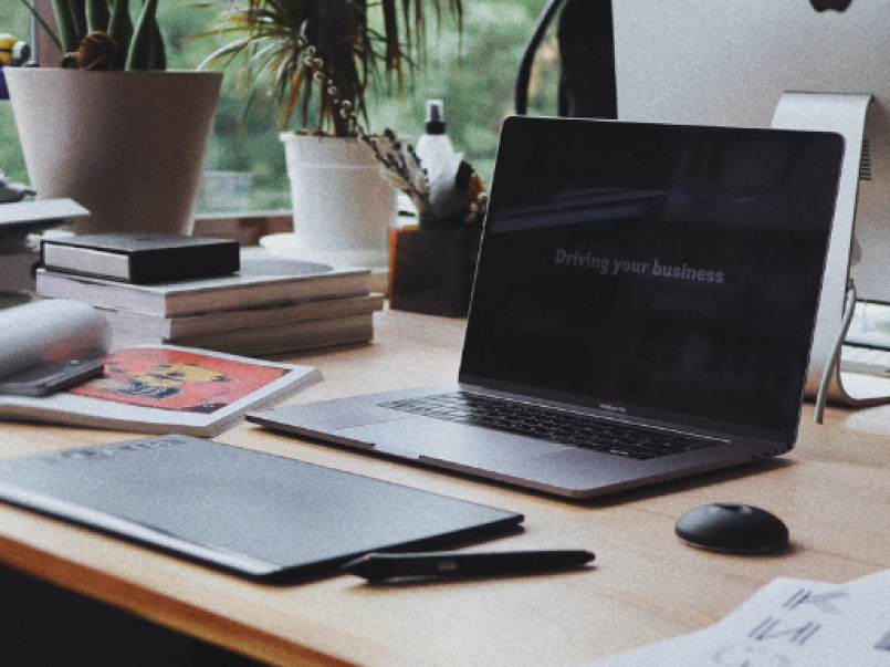 Picture of a desk with laptop and plant